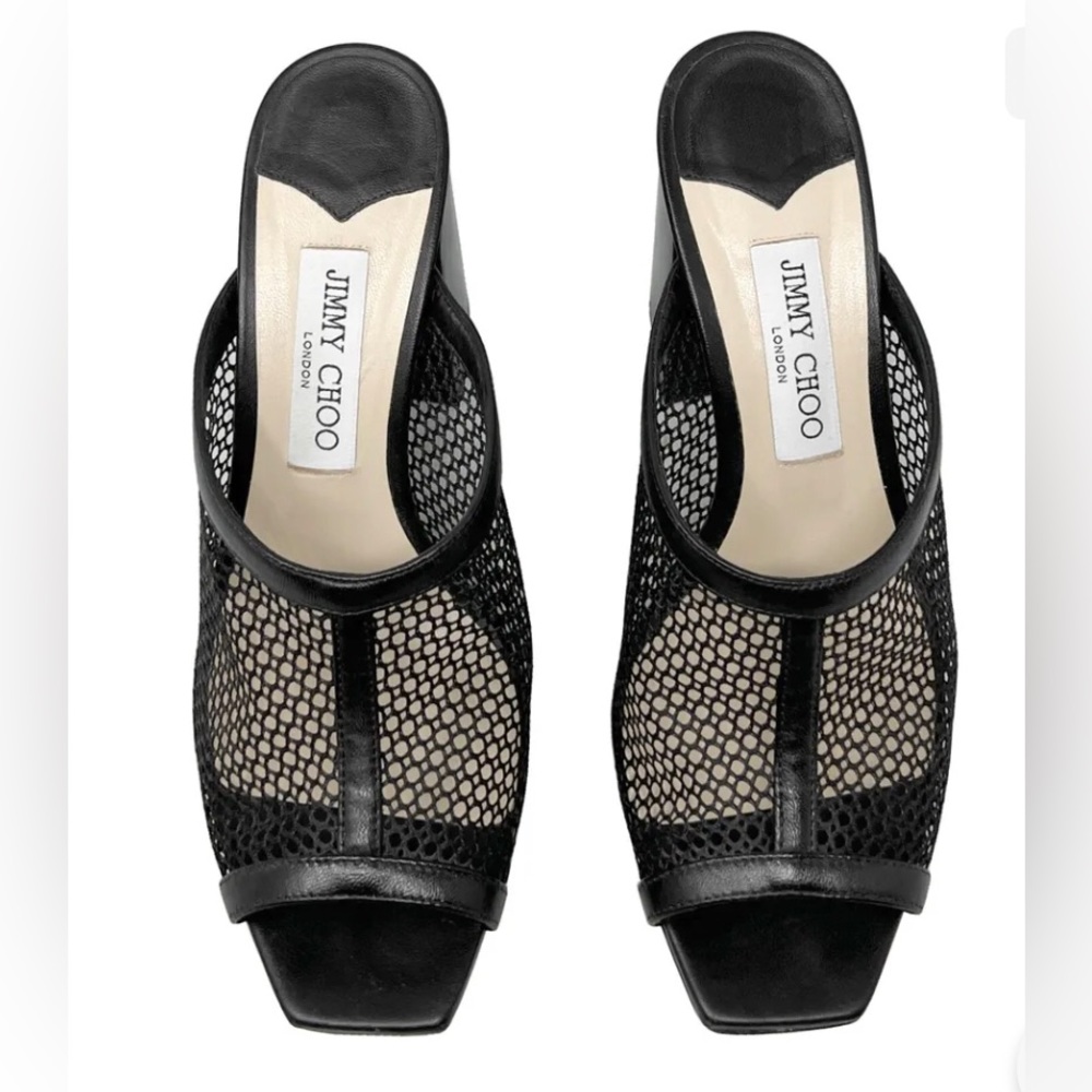 Jimmy Choo Joud 85 Black Leather Trimmed Honeycomb Mesh Mule Block Heel Sandals